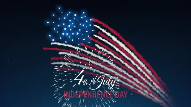 Animated 4th of july usa independence day banner. American colorful fireworks flag on dark sky background. Fourth of july, USA national holiday. Fireworks US flag. Animated greeting card