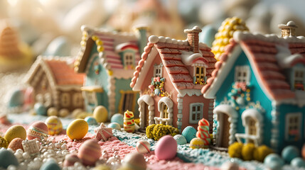 Fototapeta premium Miniature Candy Themed Village with Colorful Houses and Festive Decorations