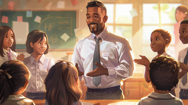 Role model : A teacher engages with smiling students in a bright classroom, fostering a positive learning environment as they gather around him, eager to learn.