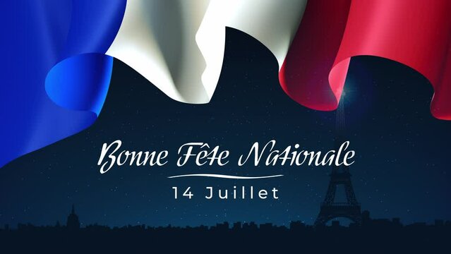 Bastille day on july 14 France, national holiday. French flag, fireworks on night sky background. Fireworks, france flag. Greeting card, banner. Seamless loop. Translation: Happy National Day July 14