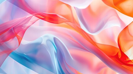 Obraz premium Simple and Restrained: Large White Area with Blurred Abstract Image of Blue, Orange, and Red Patterns on White Background, Light Red and Light Pink Tones, Gradients, Rounded Shapes, Neon and Fluoresce