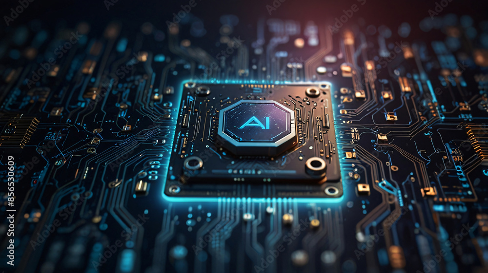 Poster close up of a computer chip with the letter a in the center with copy space for technology, artifici