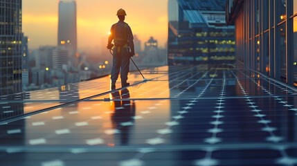 Worker Cleaning Solar Panels at Sunset in Urban Cityscape with Blurry Shallow Depth
