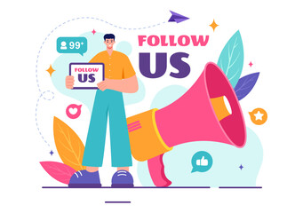Follow Us and Like Vector Illustration for Internet Advertisements of Social Media Users Following an Interesting Page, Set in a Flat Background