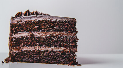Close up of a slice of chocolate cake with frosting on a white background with copy space for dessert, food, and bakery themes