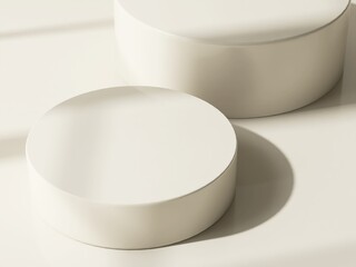 Two modern and minimal beige geometric round cylinder podium in sunlight, shadow for luxury beauty,...