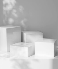 Four modern white geometric cuboid podium in dappled sunlight, leaf foliage shadow for organic...
