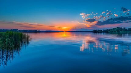 Fototapeta premium Tranquil Lakeside Sunset Reflected in Calm Waters,Cinematic Landscape Photography
