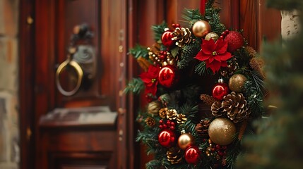 a close-up of a Christmas wreath with red and gold ornaments hanging on a wooden door