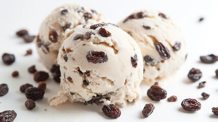 Decadent dark rum and raisin ice cream, an image of decadent dark rum and raisin ice cream, its creamy texture and rum-soaked raisins against a white backdrop, ideal for showcasing indulgent
