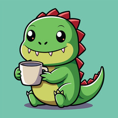 cute kawaii dinosaur t-rex drink coffee vector design.  the design can be used to t-shirt and more