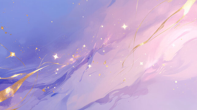 Abstract purple and pink background with gold glitter and stars for design, art, and fantasy themes