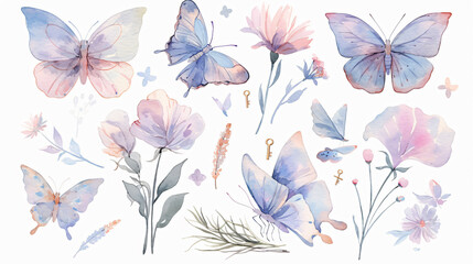 Watercolor butterflies and flowers in pastel blue and pink colors with copy space for design, art, and nature themes