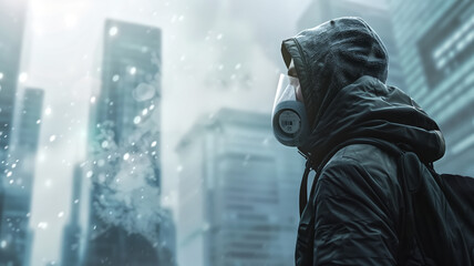 Urban Survivalist in Gas Mask Amidst Snowy Modern Cityscape with Skyscrapers in Background