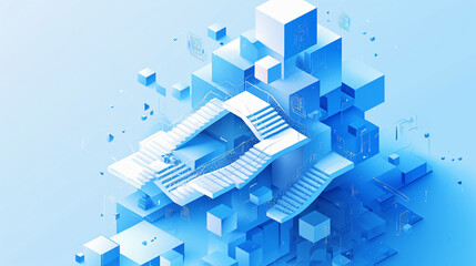 Abstract blue 3D stairs with geometric shapes for technology, design, and futuristic themes
