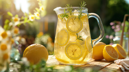 An image of tarragon-infused lemonade, served in a clear pitcher, garnished with lemon slices and fresh tarragon
