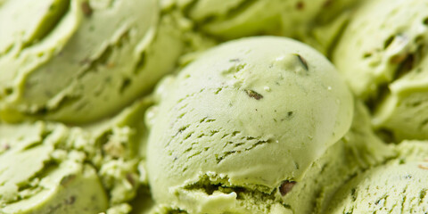 Gourmet pistachio ice cream, a closeup image of gourmet pistachio ice cream, its unique green color and rich texture highlighted against a white background