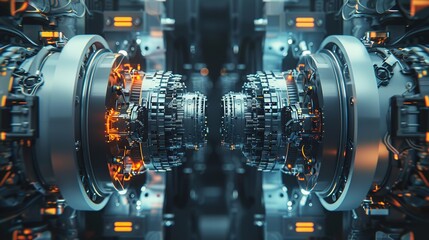 Obraz premium Two Electric Motors Spinning in Close Succession, in the Style of Futuristic Imagery, Precision Engineering, Caffenol Developing, Luminous Quality, Precise Detailing