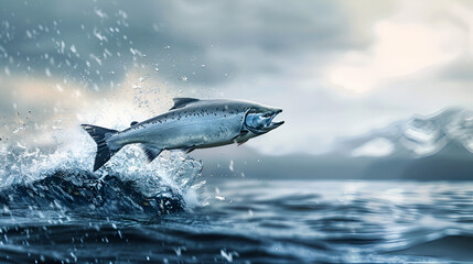 Fototapeta premium Salmon Fish Salmon Fish Jumping Out of the Water Salmon Fish Jumping Out of the Stream Aspect 16:9