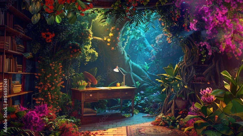 Wall mural Neon Jungle Creative Den: A desk hidden among the branches of a banyan tree, surrounded by vibrant flowers and colorful foliage. - Wall murals