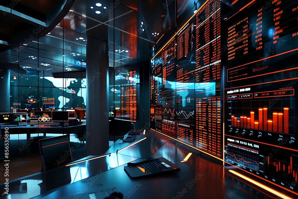Poster futuristic control room with glowing screens displaying data