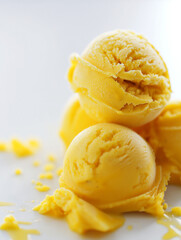 Chic turmeric and coconut sorbet, a closeup of chic turmeric and coconut sorbet, its bright yellow color and creamy texture against a white background