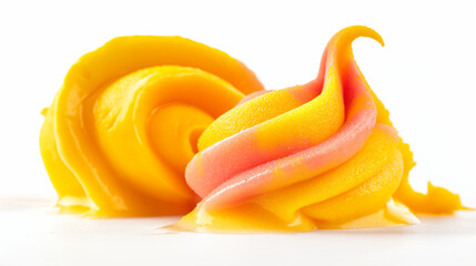 Exotic passionfruit and mango sorbet, an image of exotic passionfruit and mango sorbet, its vibrant orange and yellow swirls against a white background