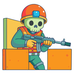 Skeleton wearing full military gear with machine gun vector illustration