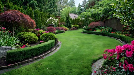 Lawns surrounded by neatly trimmed shrubs picture