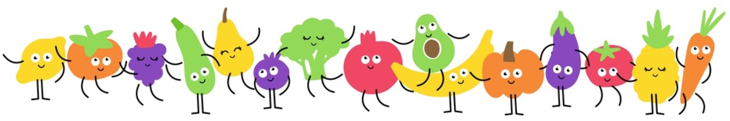 Vector horizontal illustration of funny vegetables and fruits with eyes and cute faces, hand-drawn in the style of doodles	