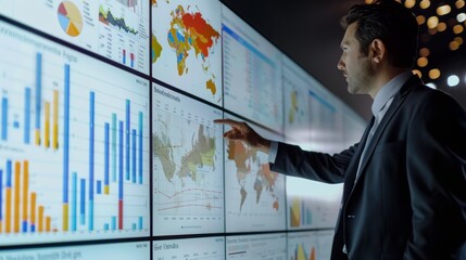 Analyzing Investment Trends: Businessman Presenting Data on Screen in Team Meeting at Modern Office