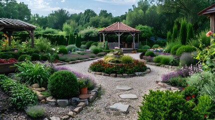 Country house yard with flower beds