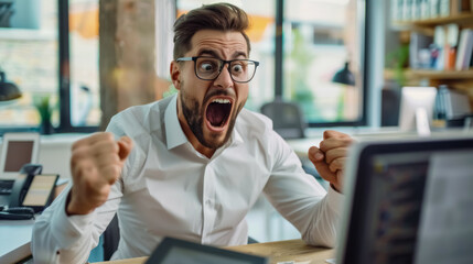 Obraz premium Excited man screaming in surprise at his laptop