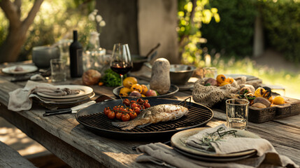 A rustic outdoor setting with a grill cooking fresh fish, surrounded by nature