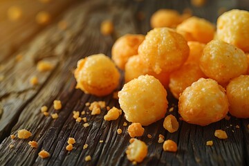 Low-angle view, golden cheese puffs, scattered on a rustic wooden table, dramatic natural lighting, crisp photorealistic detail, highlighting texture and cheesy dust