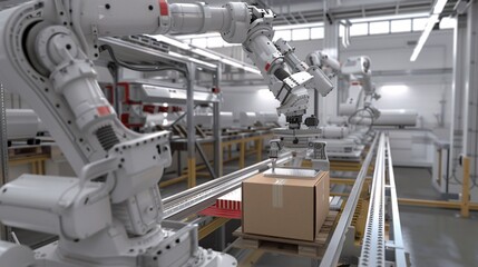 Naklejka premium Assembly line with robotic arms assembling products
