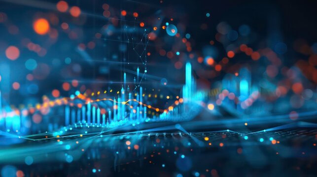 Virtual stock market lines and financial charts over dark background. Digital screen. Concept of finance advisory and international consulting. Huds, numbers and line graphs
