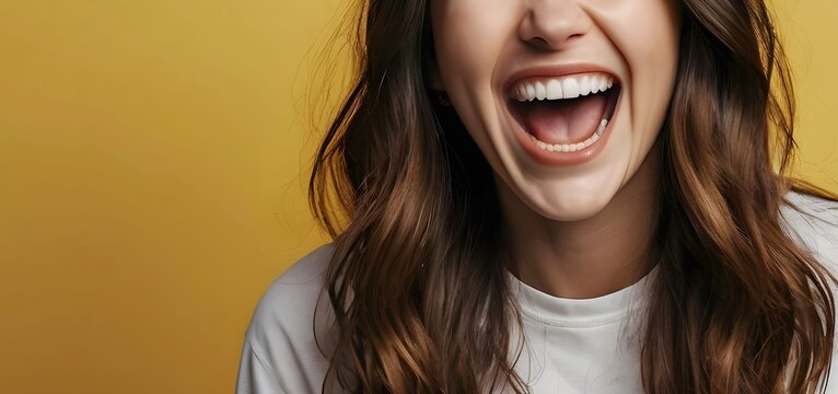 Young beautiful woman laughing out loud with fun, funny joyful humorous laughter which spurs chemical reaction brain, releasing dopamine with happiness and serotonin to reduce stress