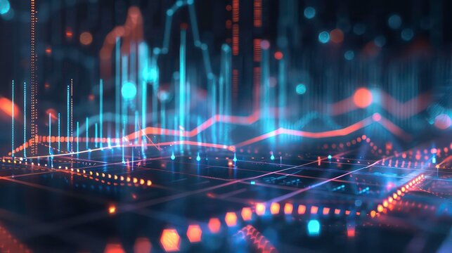 Virtual stock market lines and financial charts over dark background. Digital screen. Concept of finance advisory and international consulting. Huds, numbers and line graphs