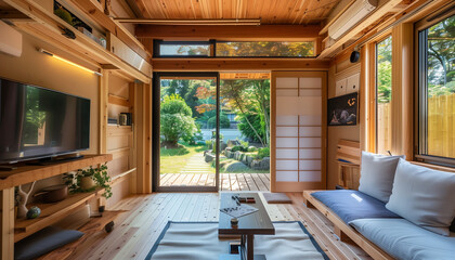 Fototapeta premium Serene Japanese Zen Tiny House with Sliding Doors, Tatami Mats, and Zen Garden