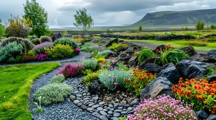 Icelandic garden with flower beds of alpine image