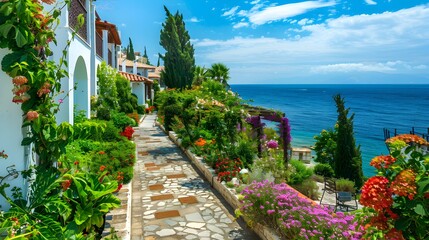 Cyprus garden with flowering terraces and green