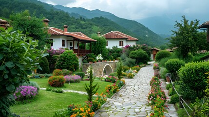 Kosovo garden with flower beds of colorful picture