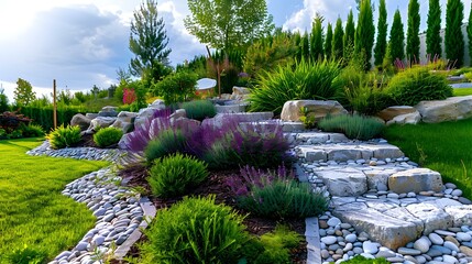 Obraz premium Landscape with alpine plants and natural stones