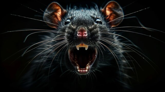 the face of a rat with an open mouth looking at the camera, close-up of a rat's scary evil face