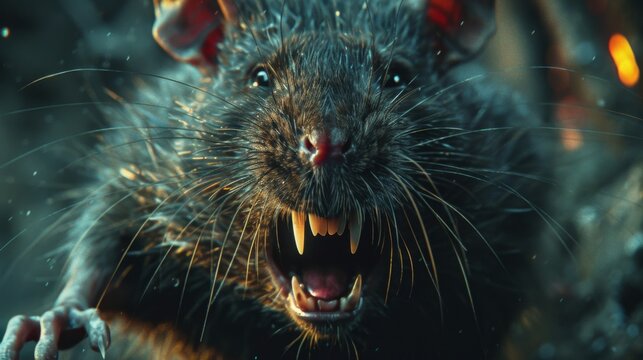 the face of a rat with an open mouth looking at the camera, close-up of a rat's scary evil face