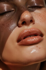Fototapeta premium Detailed Close-Up of a Young Woman in Her 30s with Glowing, Healthy Skin, Without Makeup