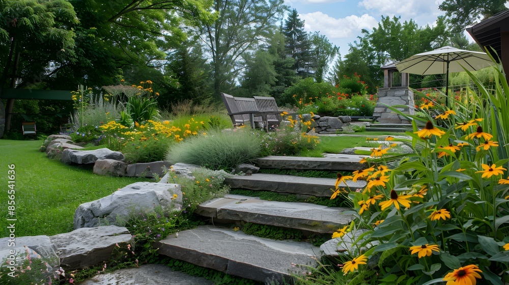 Wall mural landscaped area with picturesque stone steps leading picture