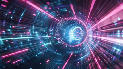 Fototapeta premium abstract futuristic background portal tunnel with pink blue and green glowing neon moving high speed wave lines and flare lights. Data transfer concept Science style wallpaper