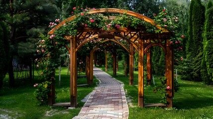 Obraz premium Landscape design with wooden arches and gazebos picture